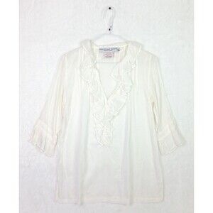 Women's Gretchen Scott Preppy Pleated White Cotton Button Up Top Blouse Medium M